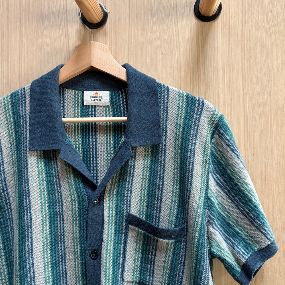 Marine Layer Blue and Green Striped Casual Sweater Button Down Shirt
